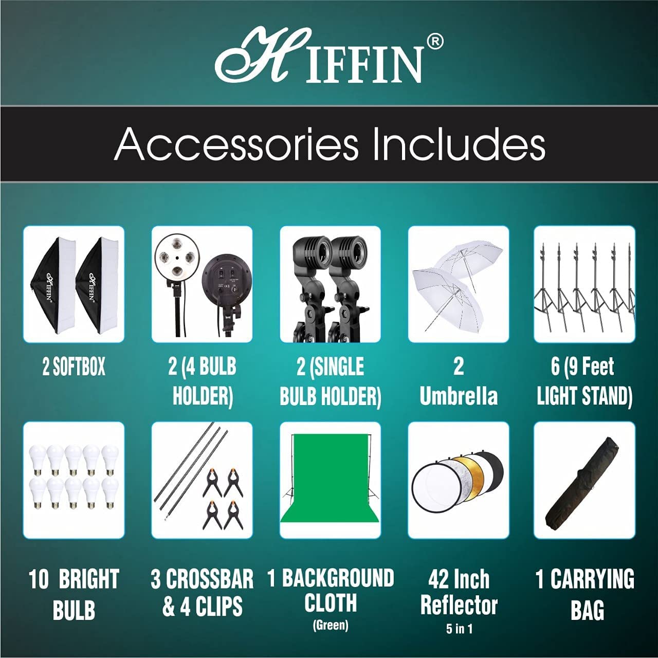 HIFFIN® Lighting Kit Adjustable Max Size 8x14ft Background Support System 1 Green Color Backdrop Fabric Photo Studio Softbox Sets Continuous Umbrella...