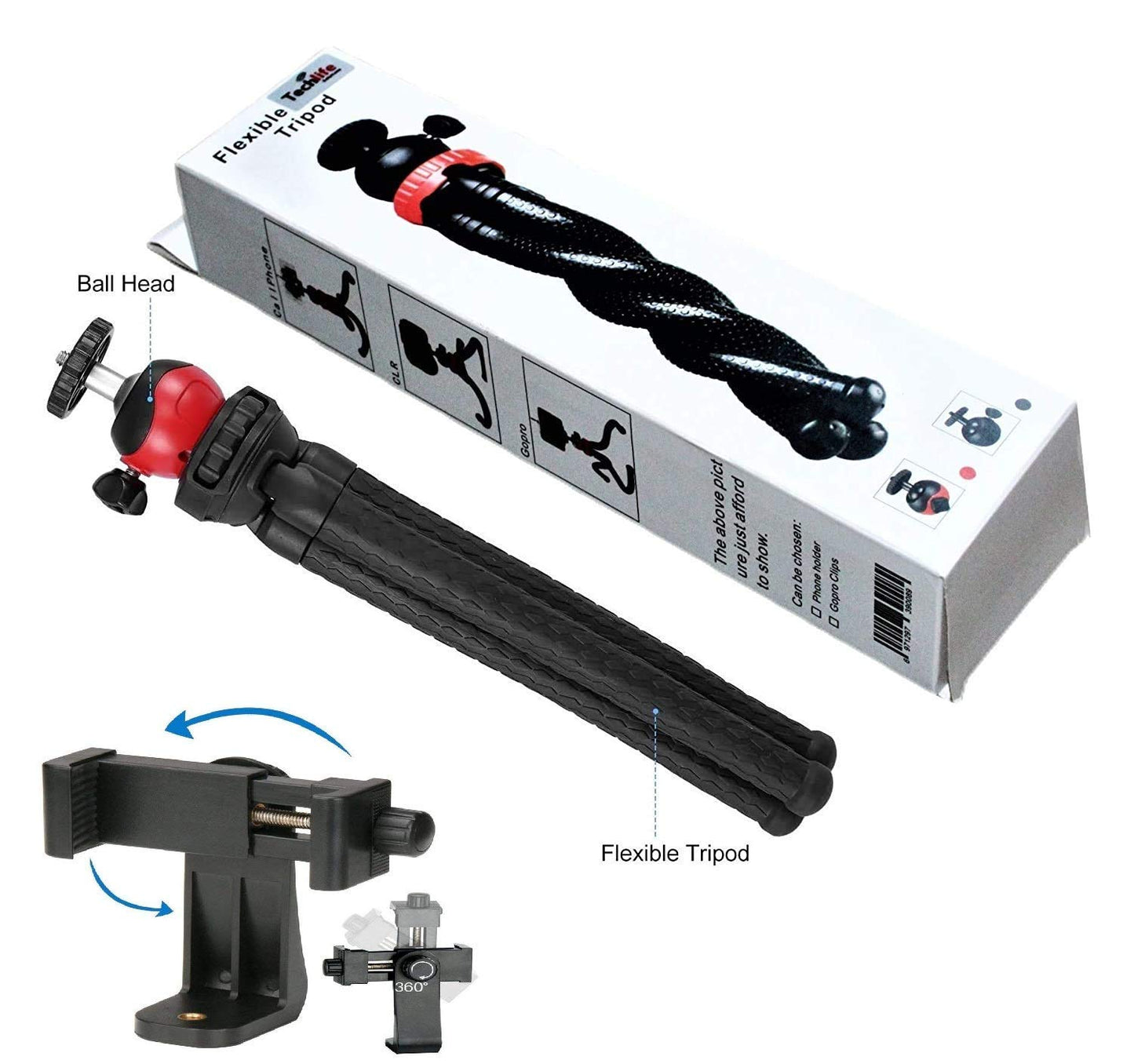 HIFFIN Flexible Gorillapod Tripod with 360° Rotating Ball Head Tripod for All DSLR Cameras(Max Load 1.5 kgs) & Mobile Phones (Black/Red) with Triopod Holder