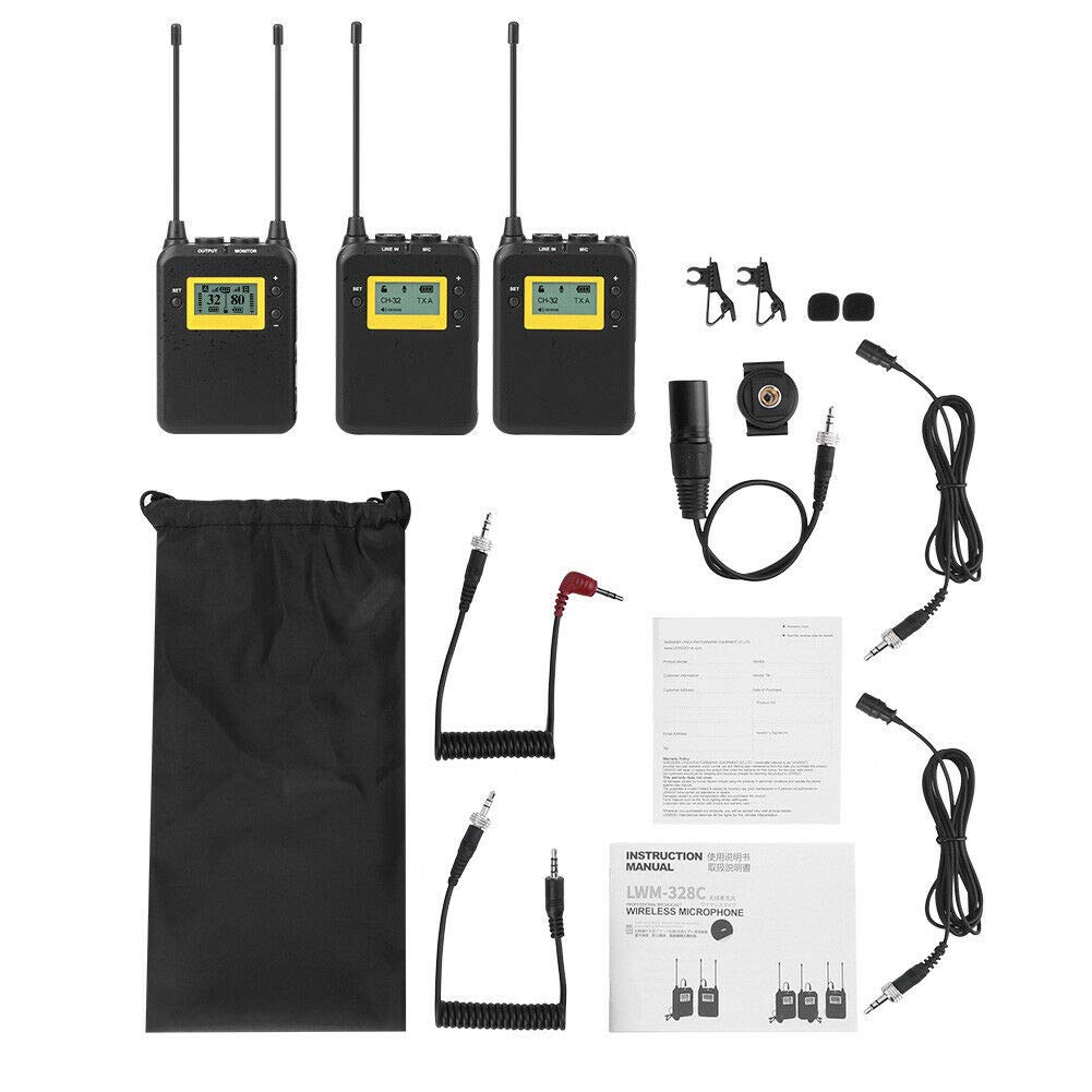 LENSGO LWM-328C Wireless Microphone System, 99-Channel UHF Professional Omnidirectional Wireless Lavalier Lapel Mic with 2 Transmitter & 1 Receiver for All Smartphone Camcorder Canon Nikon DSLR Camera