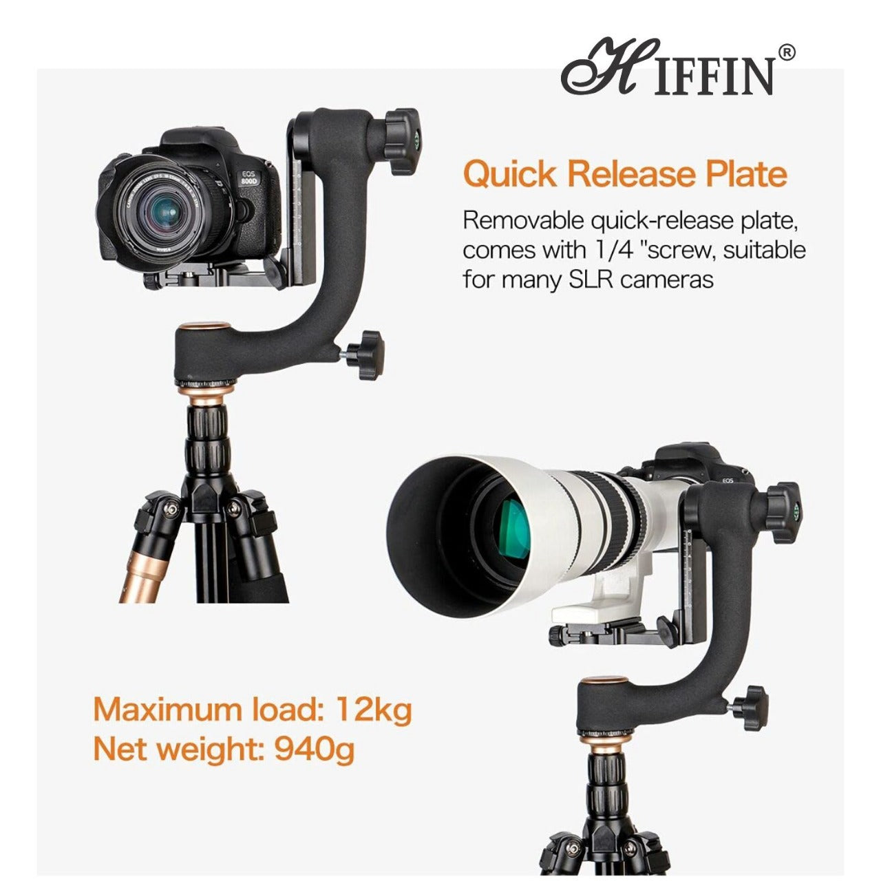 HIFFIN Professional Heavy Duty Metal 360 Degree Panoramic Gimbal Tripod Head with Arca-Swiss Standard 1/4'' Quick Release Plate and Bubble Level for Digital