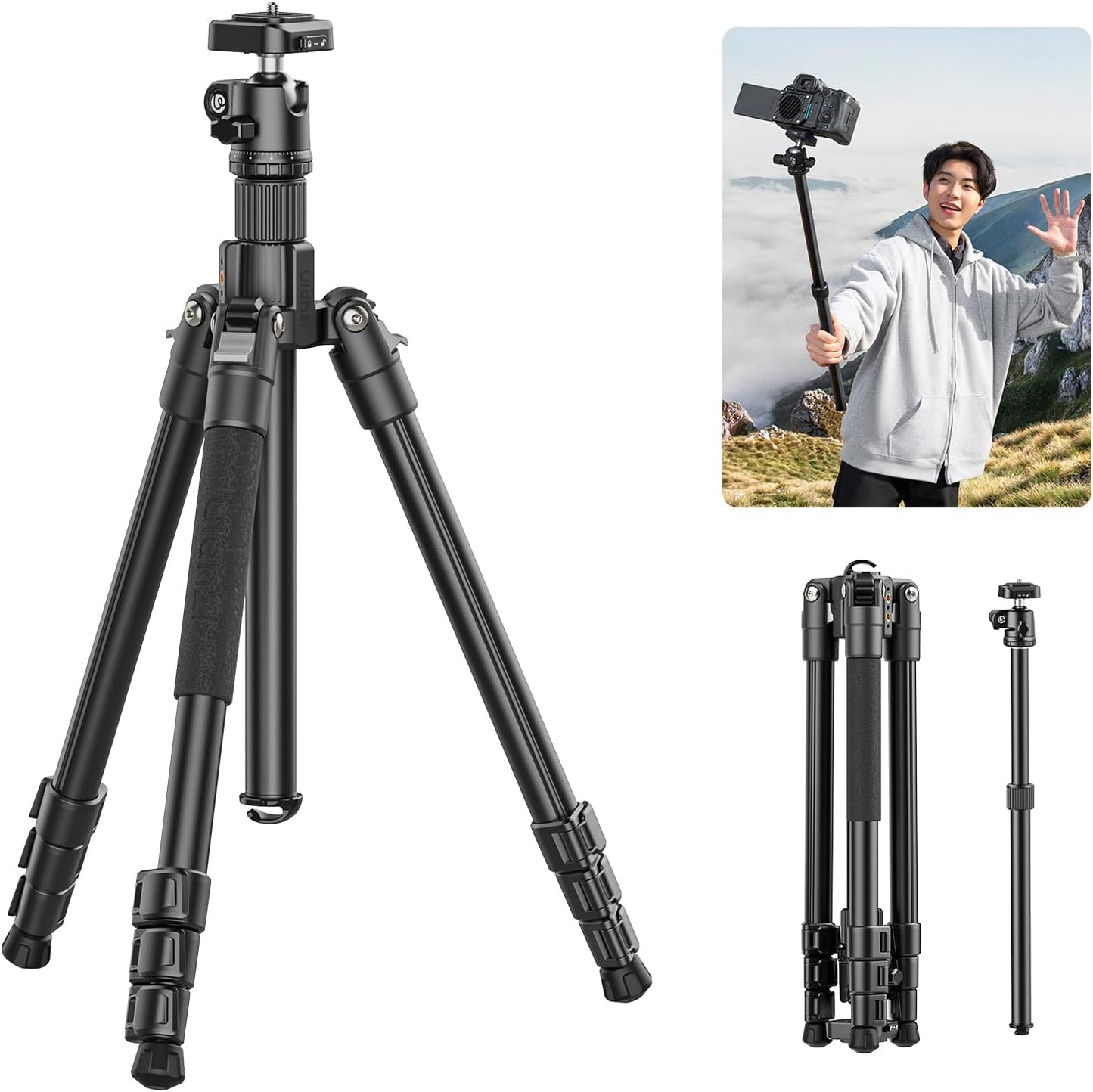 ULANZI TT53 Camera Tripod, 70.8” Travel, Heavy Duty Foldable, 360° Ball Head UKA Plate
