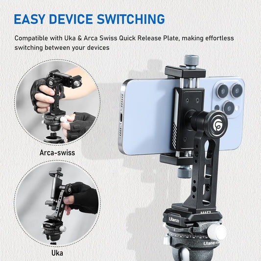 Ulanzi MA53 Phone Tripod Adapter, Arca/UKA, 2 Cold Shoe, 360° Metal Mount