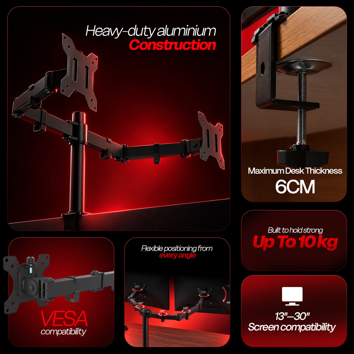 MS24 Dual Monitor Arm, 13–32in, Up to 10kg/22lbs, VESA 75x75/100x100, Desk Mount