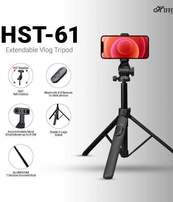 HIFFIN HST-61 1.6 Meter Portable Long Selfie Stick Tripod with Wireless Remote & 3 Legs Tripod Base