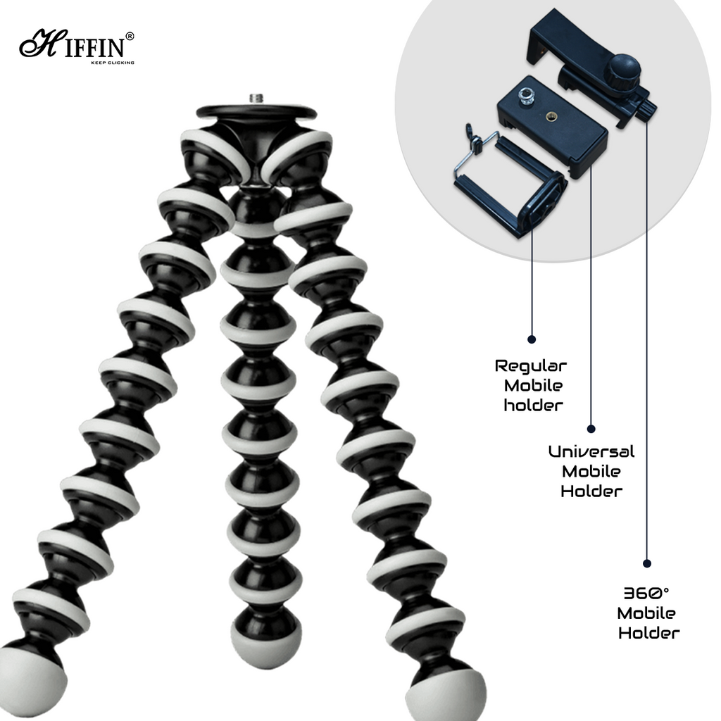 HIFFIN 13 inch Jumbo Flexible Gorillapod Tripod with Mobile Attachment for DSLR, Action Cameras & Smartphones(Black)(Gorilla Jumbo Tripod 13 + 3 inches with Holder R)