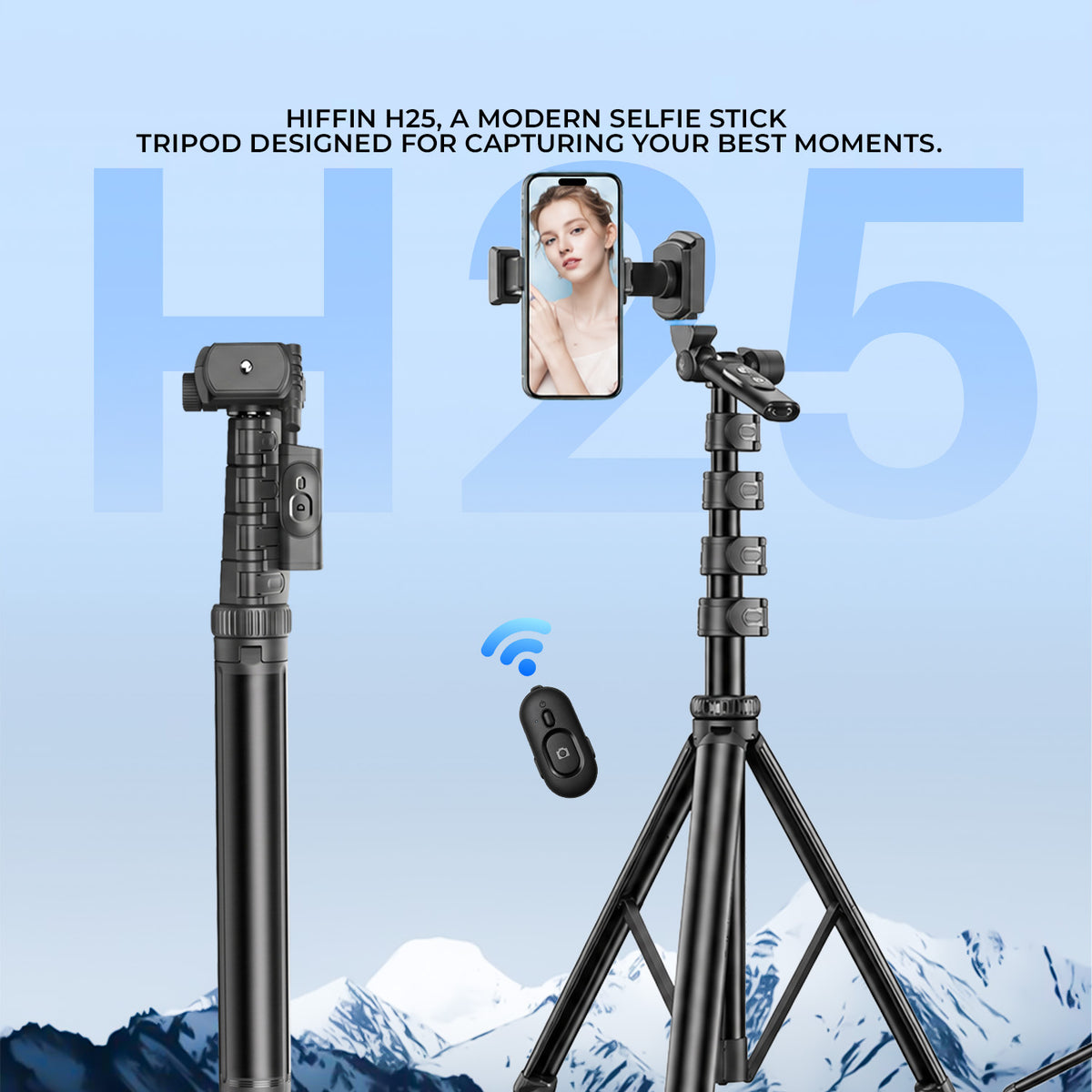 H25 Selfie Stick Tripod, Adjustable Aluminium Alloy, Wireless Remote, Phone Holder