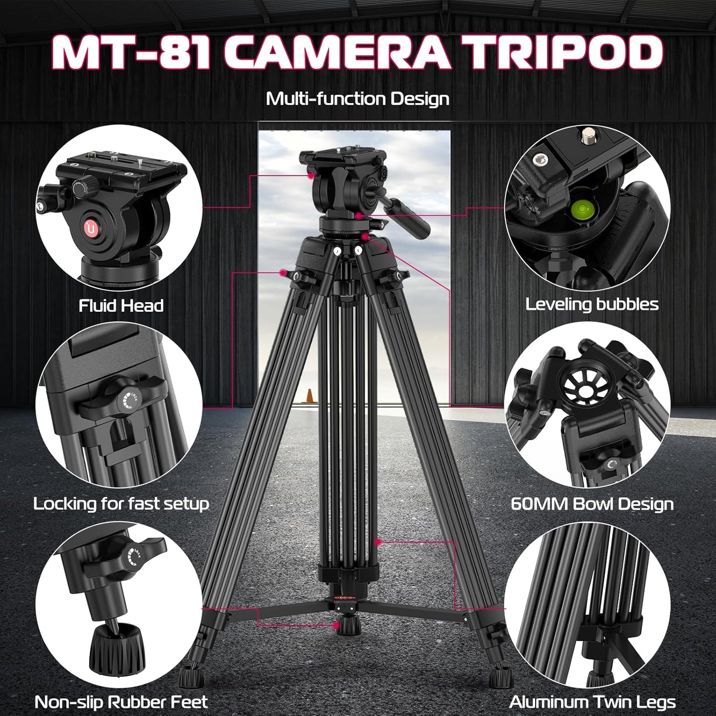 ULANZI MT-81 61in/155cm Camera Tripod 360° Fluid Head Aluminum 8kg Load
