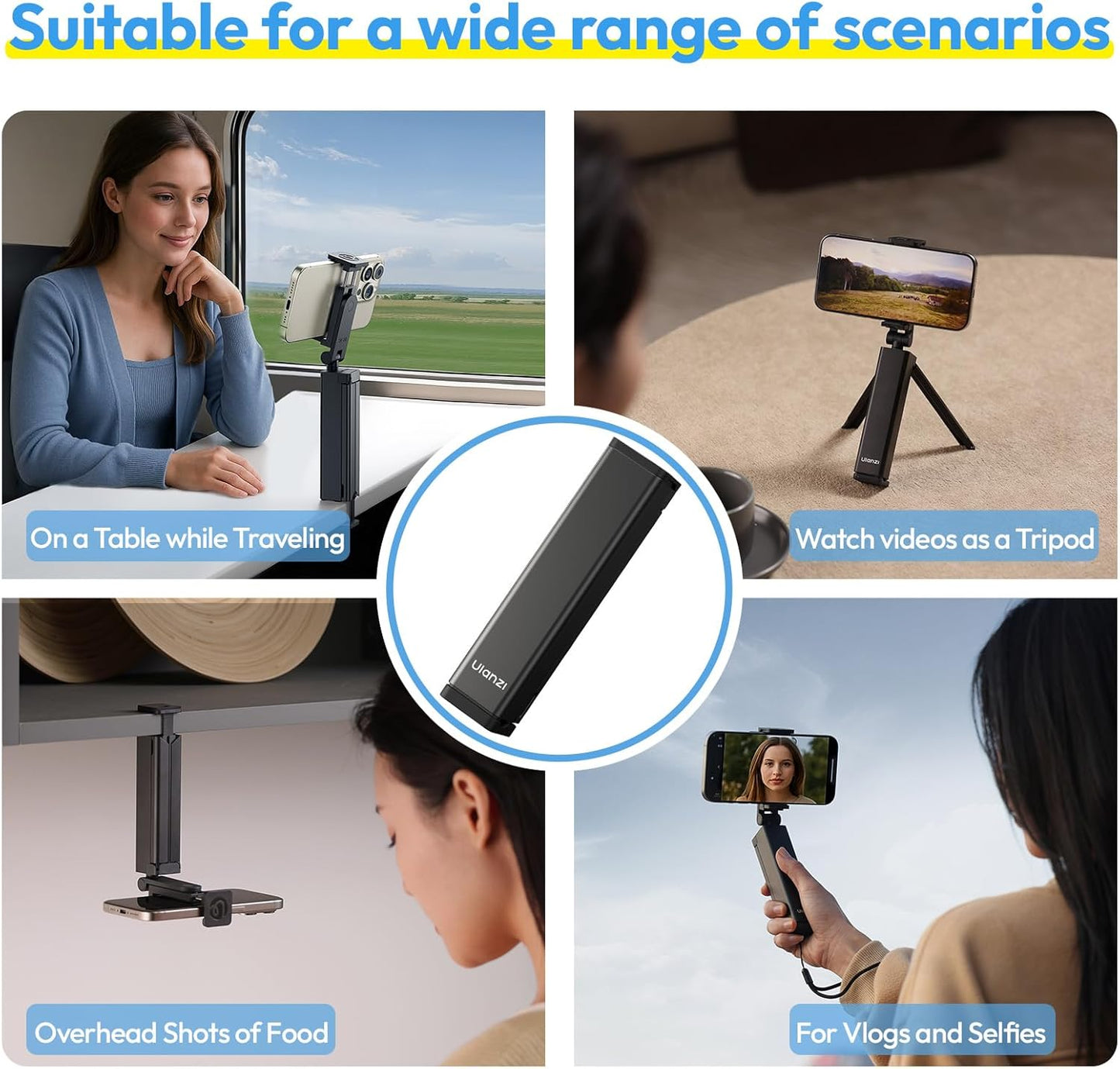 ULANZI SK-20 Travel Essentials Airplane Phone Holder, Phone Tripod 360° Rotation,Travel Must Have Handsfree Cellphone Stand for Desk,Flight Essential Universal Adjustable Stand for Train Table