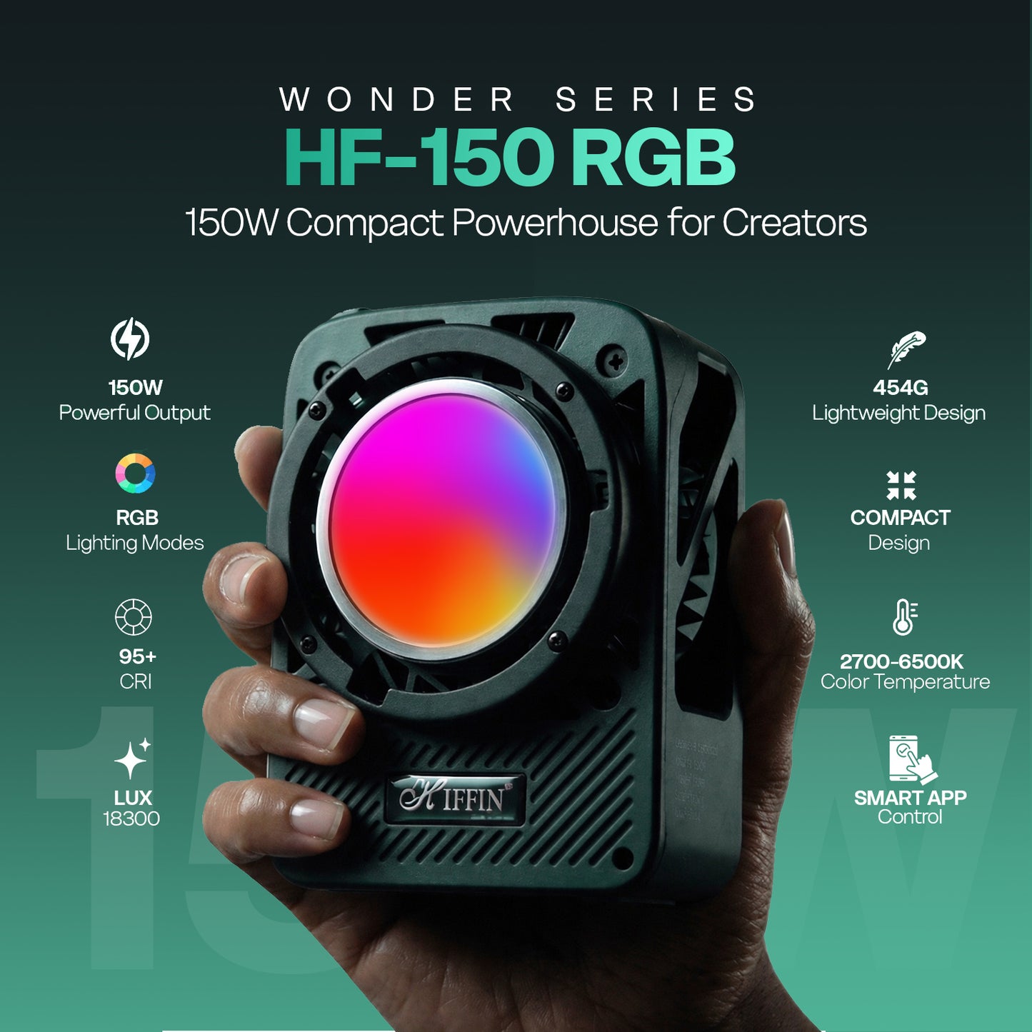 HF-150W RGB LED Light 150W Fan 2700-6500K 18300lm CRI95+ Dim 1-100% | App Control