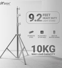 HIFFIN 9.2Ft Stainless Steel Heavy Duty 39-110 inches Adjustable Light Stand with 1/4-inch to 3/8-inch Universal Adapter for Studio Monolights, Softbox, and More Equipment