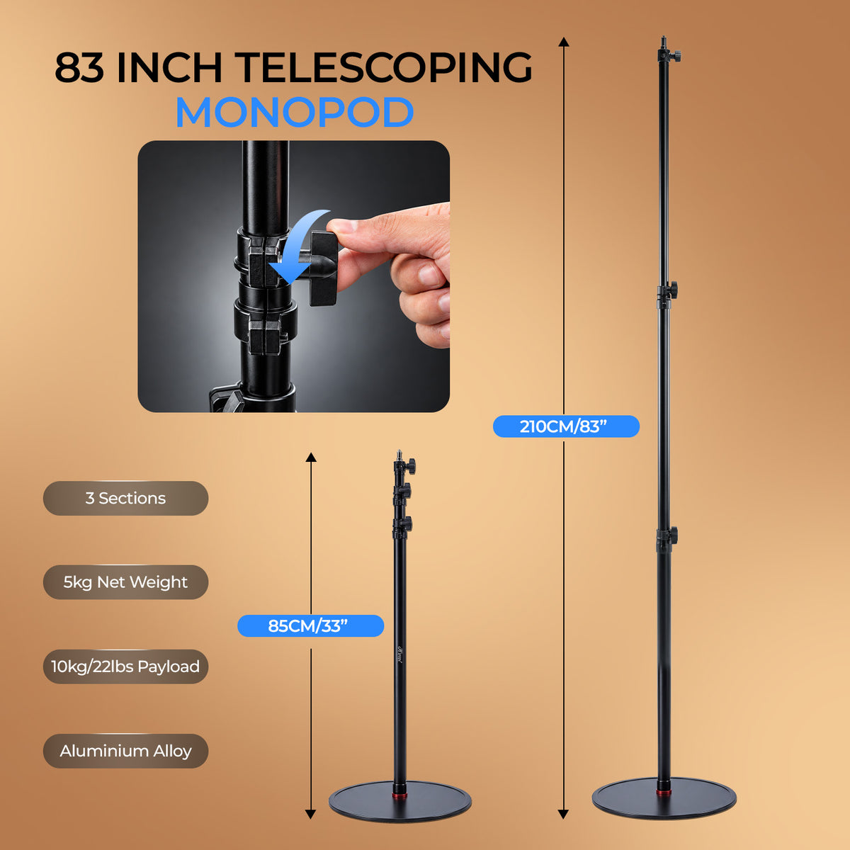 6.10ft Round Base Light Stand and Monopod, Adjustable Floor Stand, 82 Inch Height