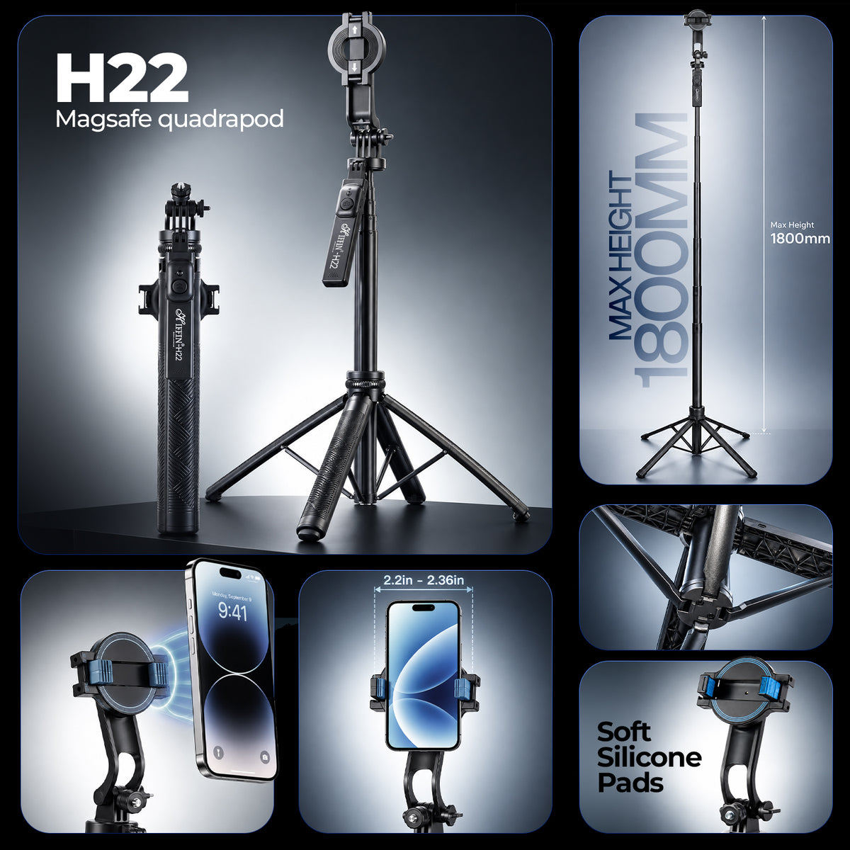 H22 Selfie Stick Tripod, 71in Quadrapod, Remote, 360° Rotation, Detachable Mount