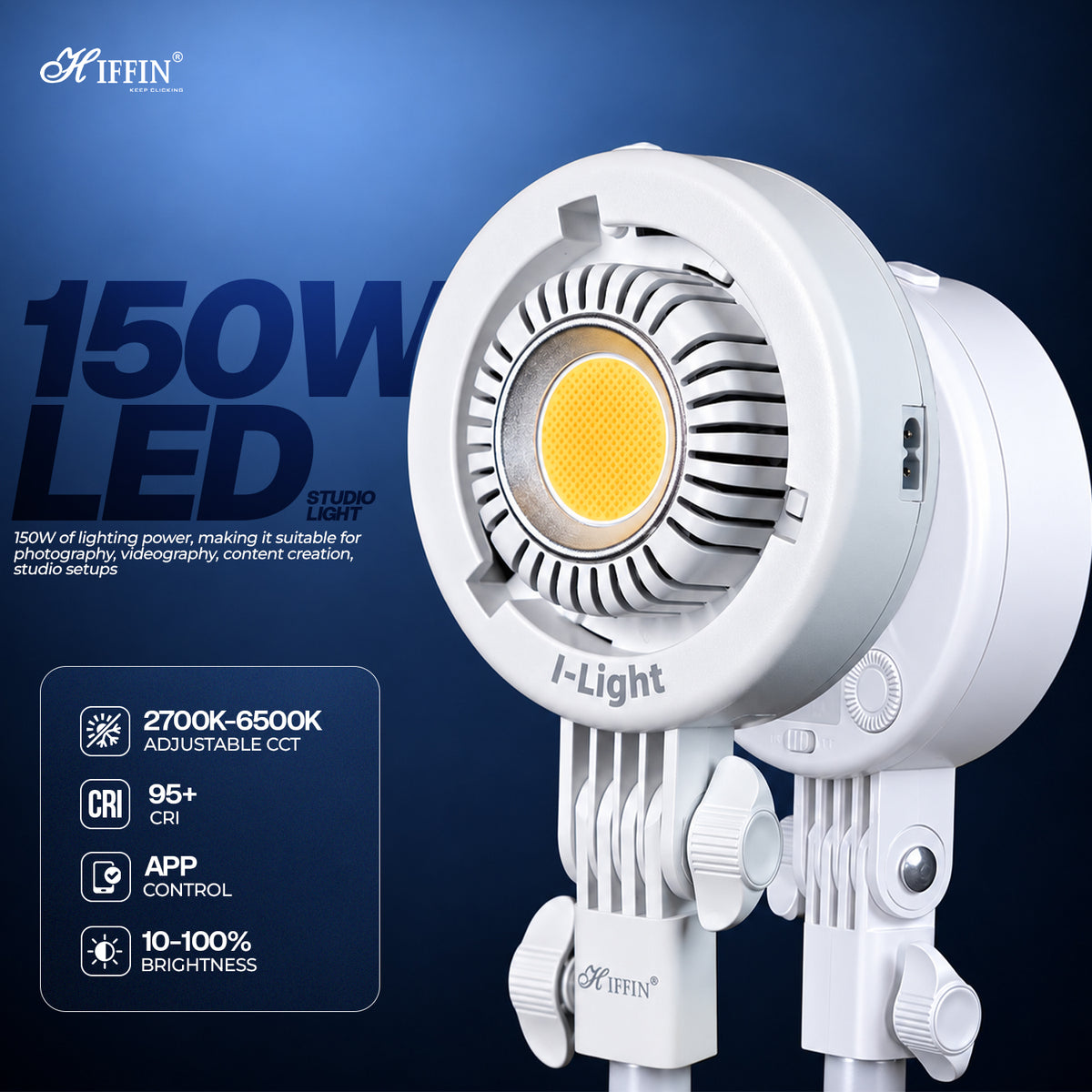 I Light 150W LED Studio Light, 2700K-6500K CCT, CRI 95+, App Control