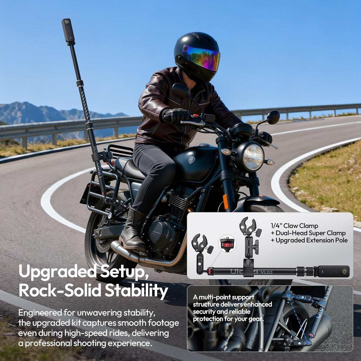 ULANZI VL03 40in Invisible Selfie Stick Motorcycle Bike Mount Kit