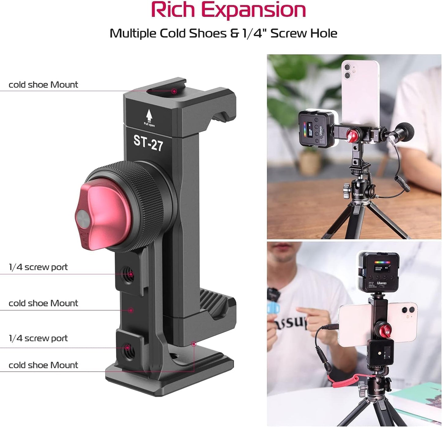 ULANZI ST-27 Phone Tripod Mount, 360° Metal Holder, 3 Cold Shoes, Arca, iPhone 17/16