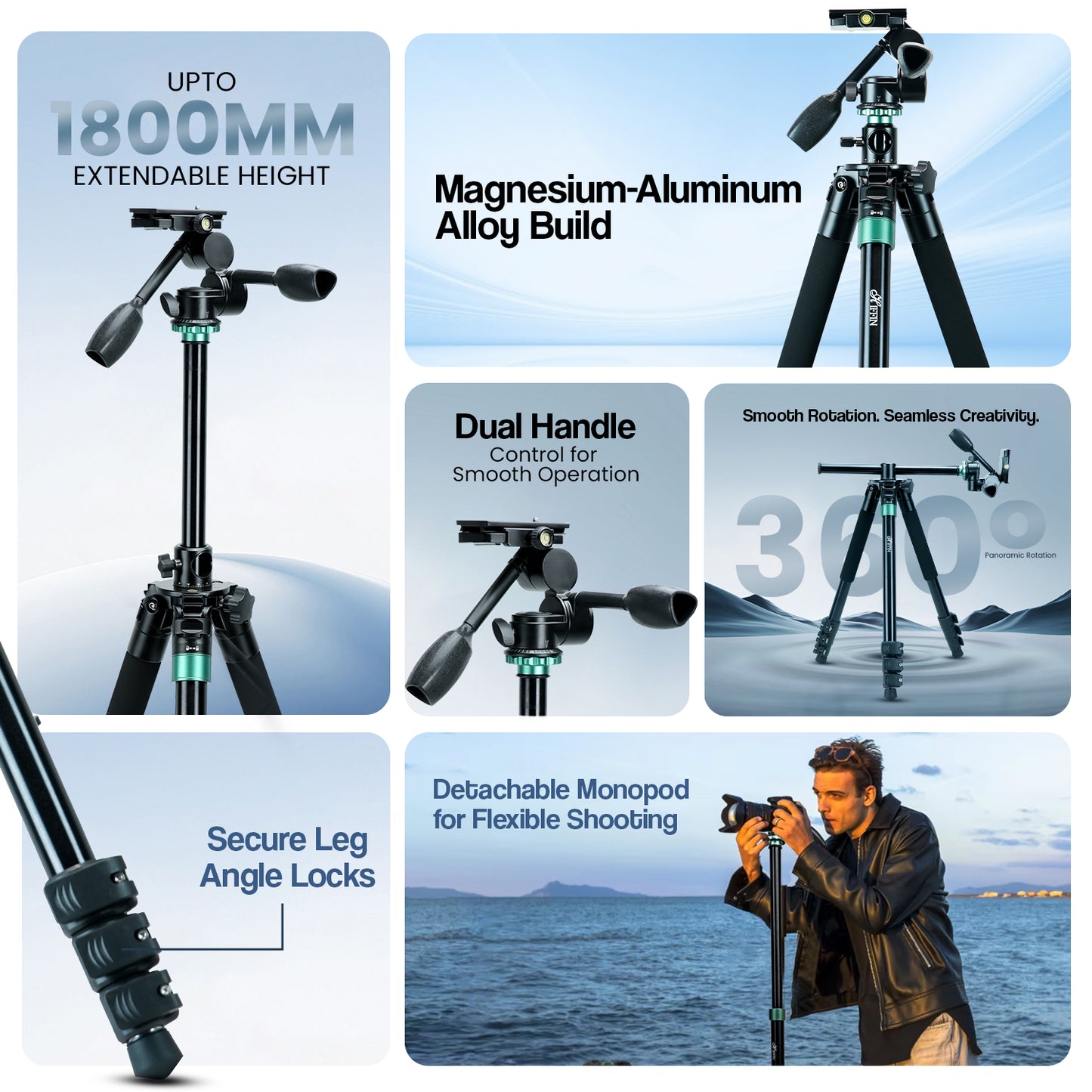 Professional Portable Tripod Monopod with 3 Way Pan Head