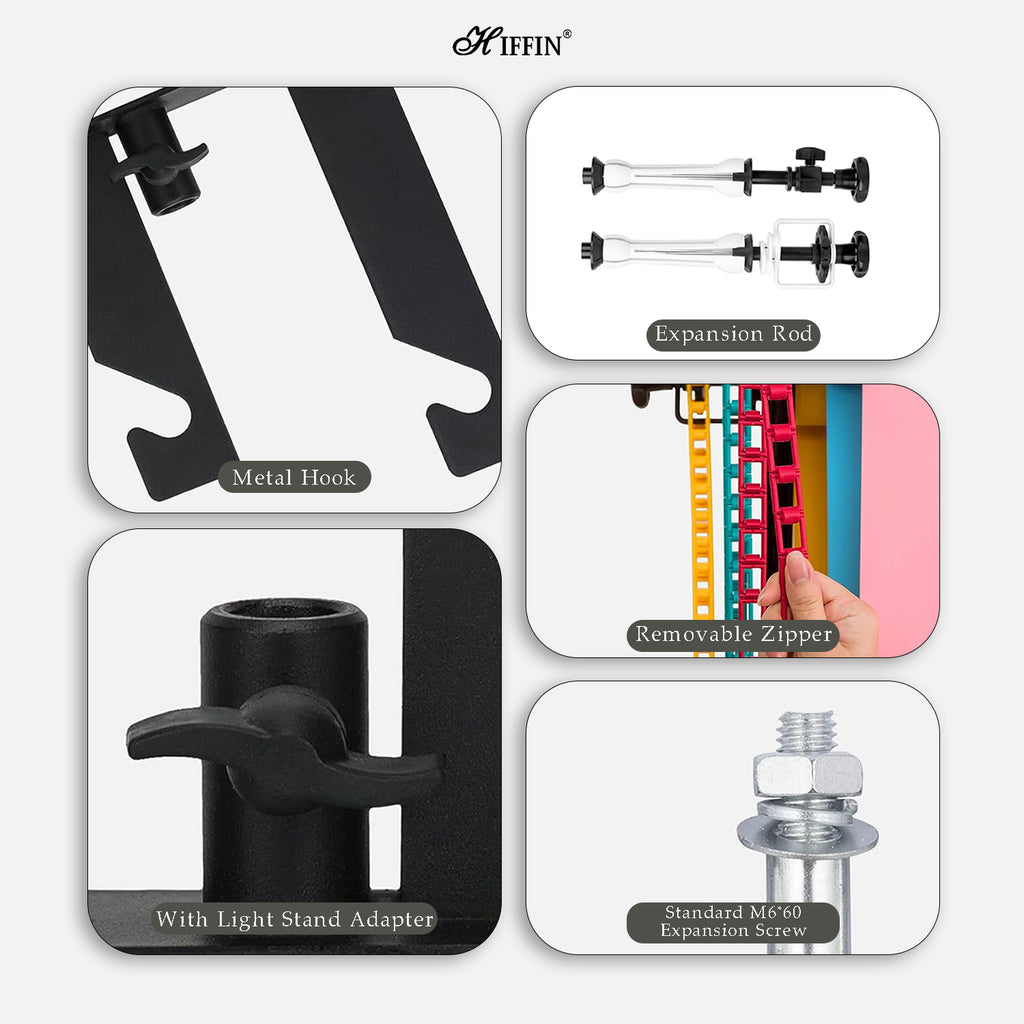 HIFFIN Photography 3 Roller Backdrop Stand & Wall Mount, Manual Background Roller Support System with 2 Tri-fold Hooks, 6 Expand Bars, and 3 Chains for Conveniently Holding 3 Backdrops
