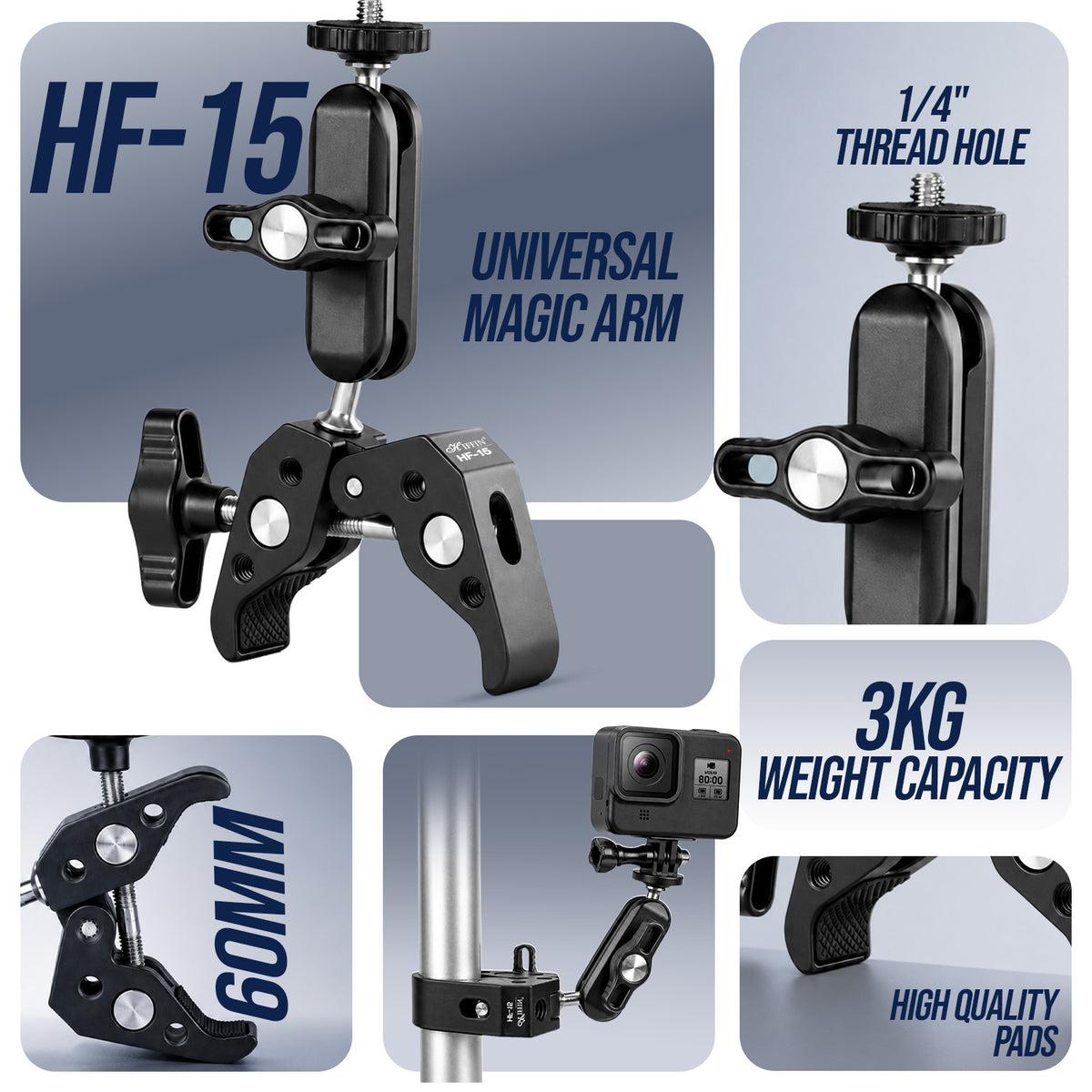 HF-15 Super Clamp Mount, 360° Adjustable, CNC Alloy, 1/4" & 3/8" Thread