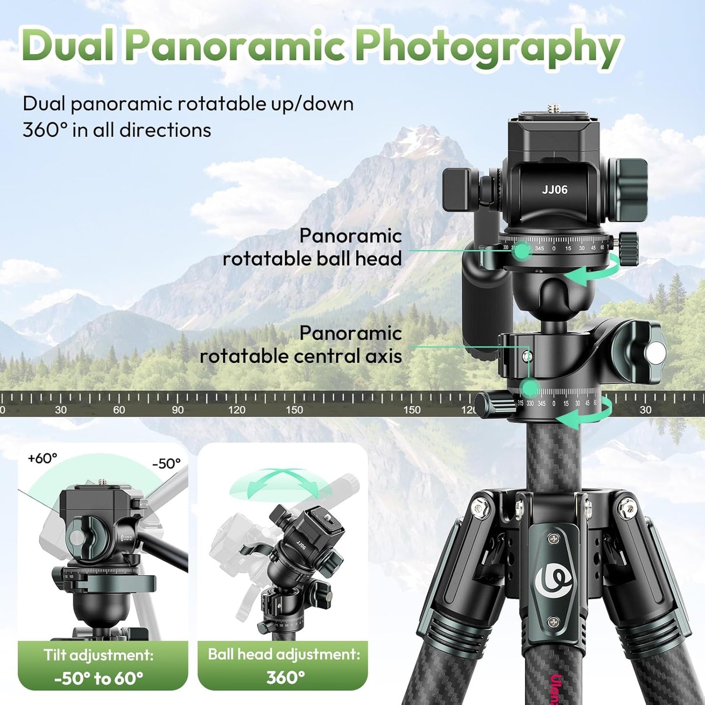ULANZI JJ06 GlideGo Carbon Fiber Video Tripod, Dual 360° Pan Head, 73.6 inch Max Height, 11 lb Load