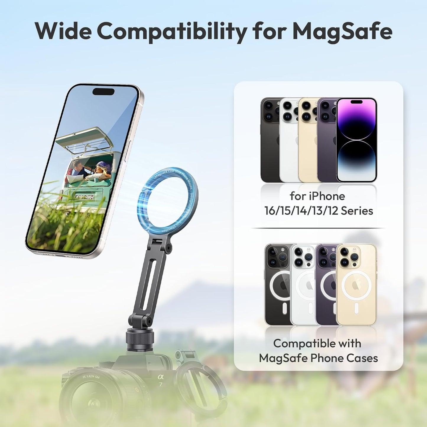 MA07 Magnetic Phone Tripod Mount for Magsafe, Aluminum Mount 1/4" Screw, Cold Shoe