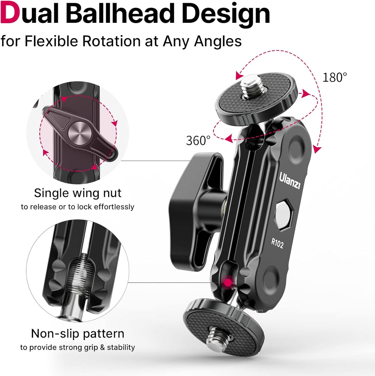 ULANZI R102 Magic Arm Double Ballhead 1/4'' Screw Monitor Mount Bracket