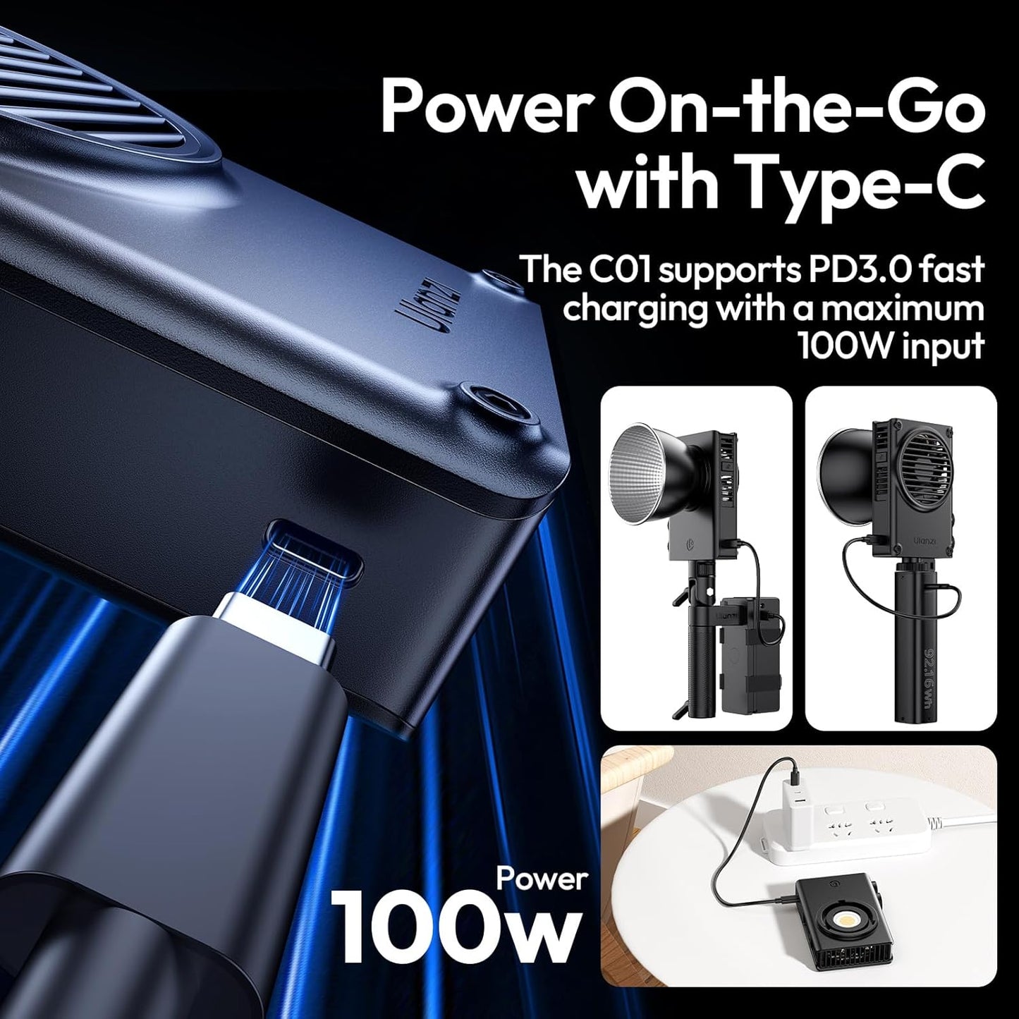 Ulanzi C01 100W COB Light, PD 3.0, 2700K-6500K, 14500Lx, CRI96+, Type-C, 343g