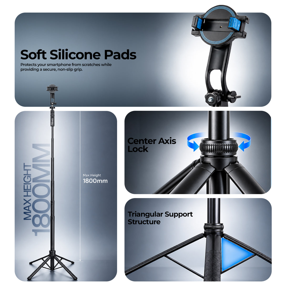 H22 Selfie Stick Tripod, 71in Quadrapod, Remote, 360° Rotation, Detachable Mount
