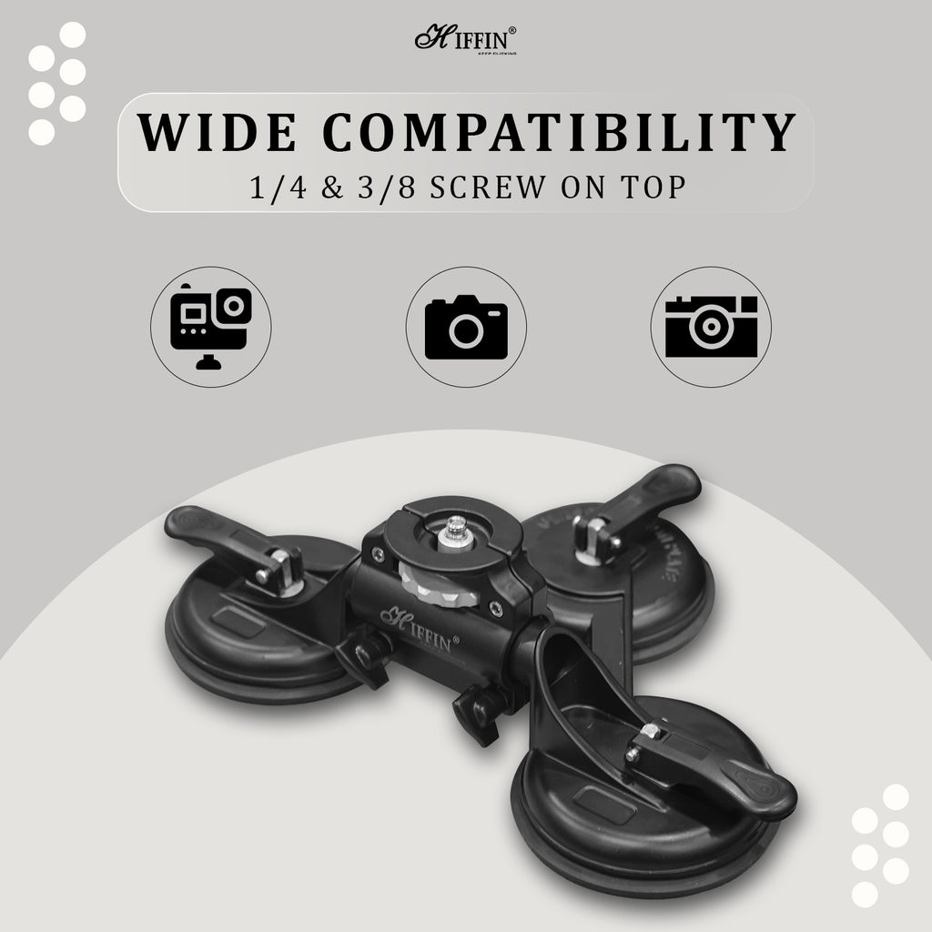 HIFFIN Universal Triple Camera Suction Cup Mount Holder with 1/4" and 3/8" Screws and Compatibility with Cameras, DSLRs, Camcorders, Ball Heads & More