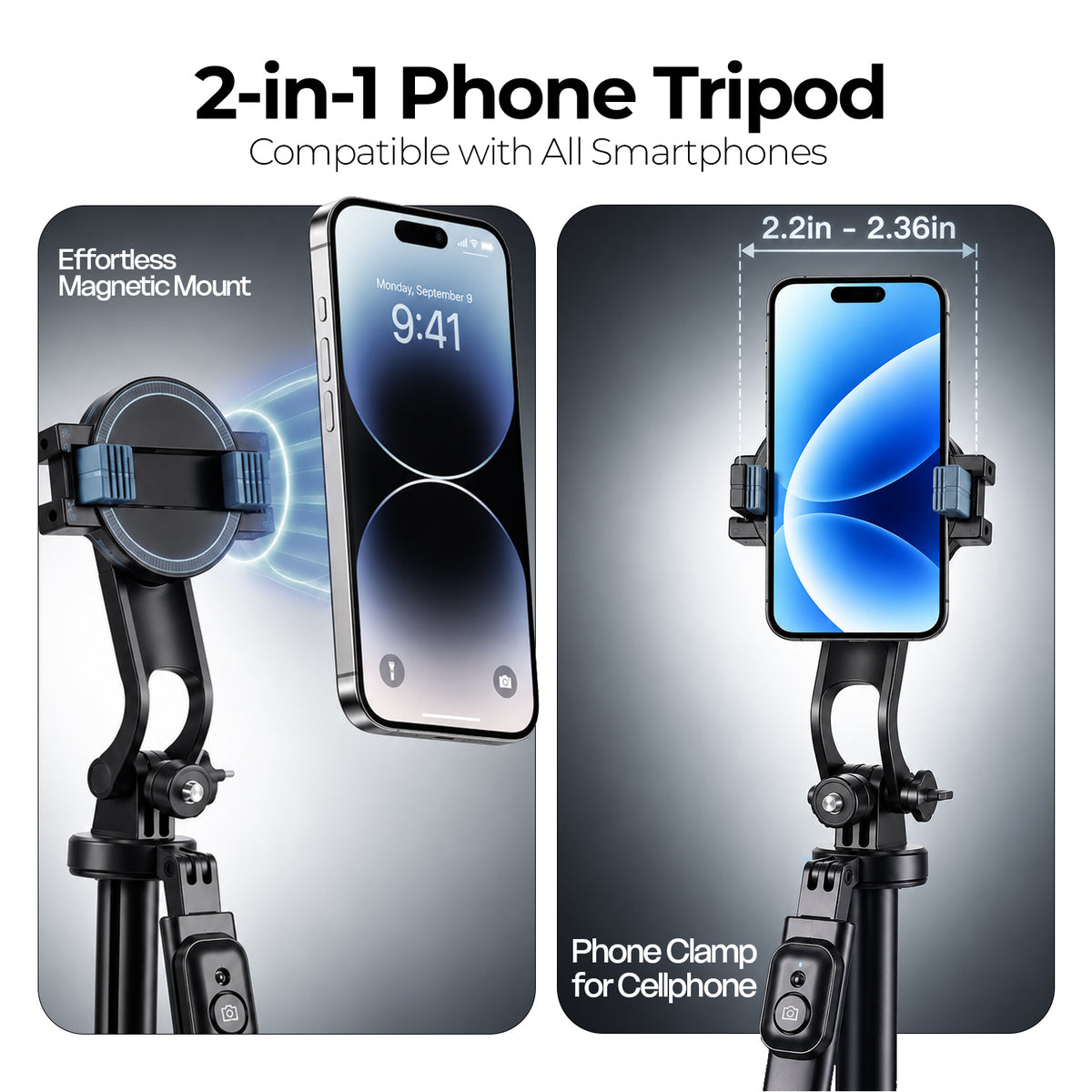 H22 Selfie Stick Tripod, 71in Quadrapod, Remote, 360° Rotation, Detachable Mount