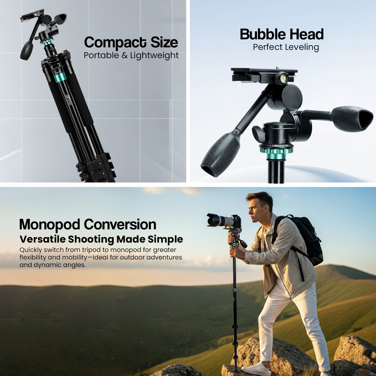 Professional Portable Tripod Monopod with 3 Way Pan Head
