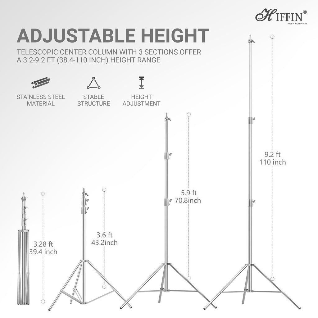 HIFFIN 9.2Ft Stainless Steel Heavy Duty 39-110 inches Adjustable Light Stand with 1/4-inch to 3/8-inch Universal Adapter for Studio Monolights, Softbox, and More Equipment