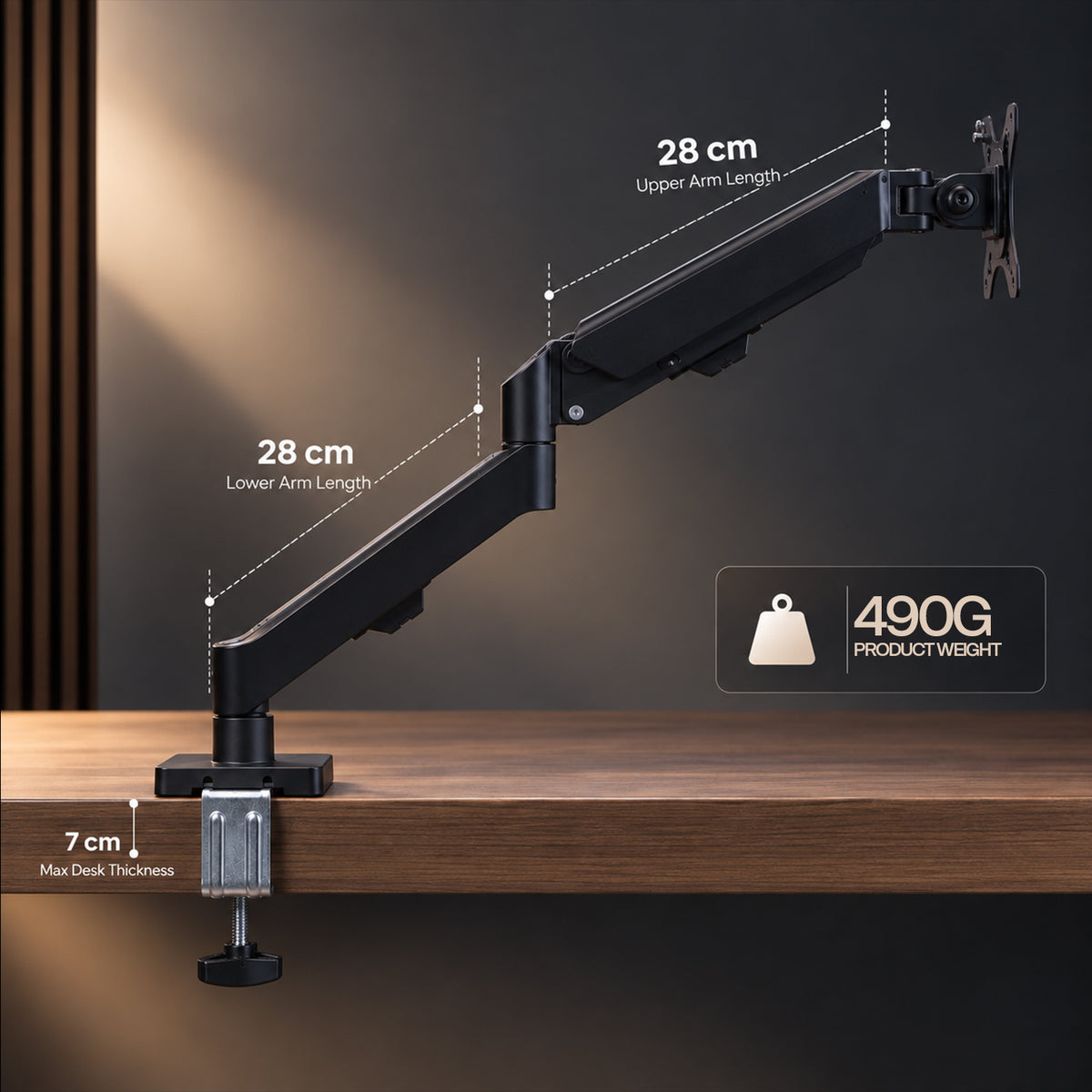 MS16 Gas Spring Monitor Arm, 32in, 2–10kg, VESA 75x75/100x100, Desk Mount