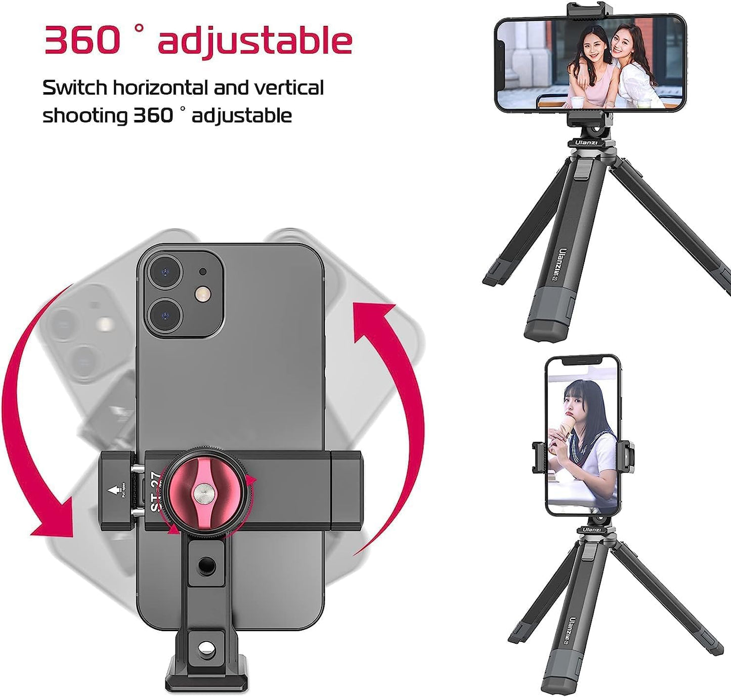 ULANZI ST-27 Phone Tripod Mount, 360° Metal Holder, 3 Cold Shoes, Arca, iPhone 17/16