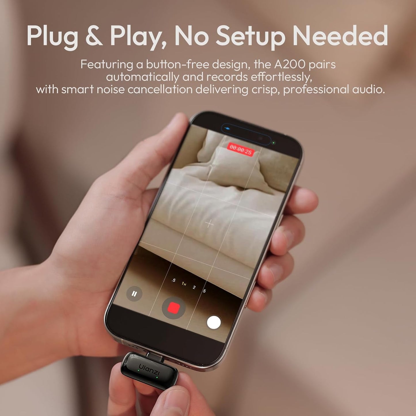 ULANZI A200 Mini Wireless Lapel Mic, USB-C Plug-Play, 48kHz, Noise Cancel, 100m, 30H