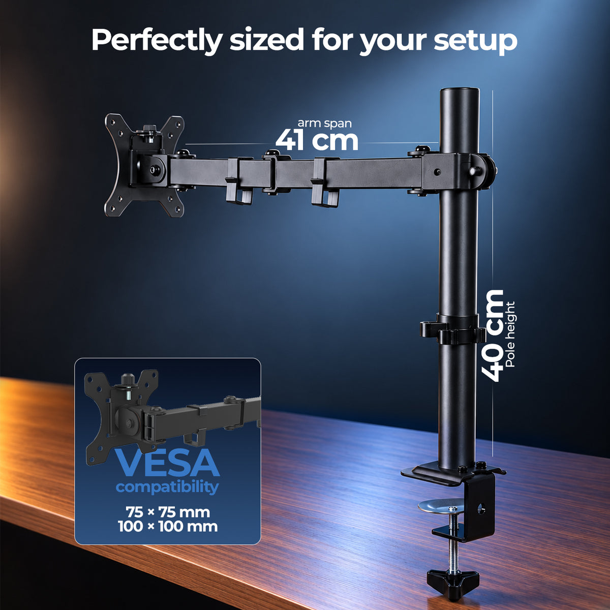 MS12 Monitor Arm, 17–32in, 2–10kg, VESA 75x75/100x100, Articulating Desk Mount
