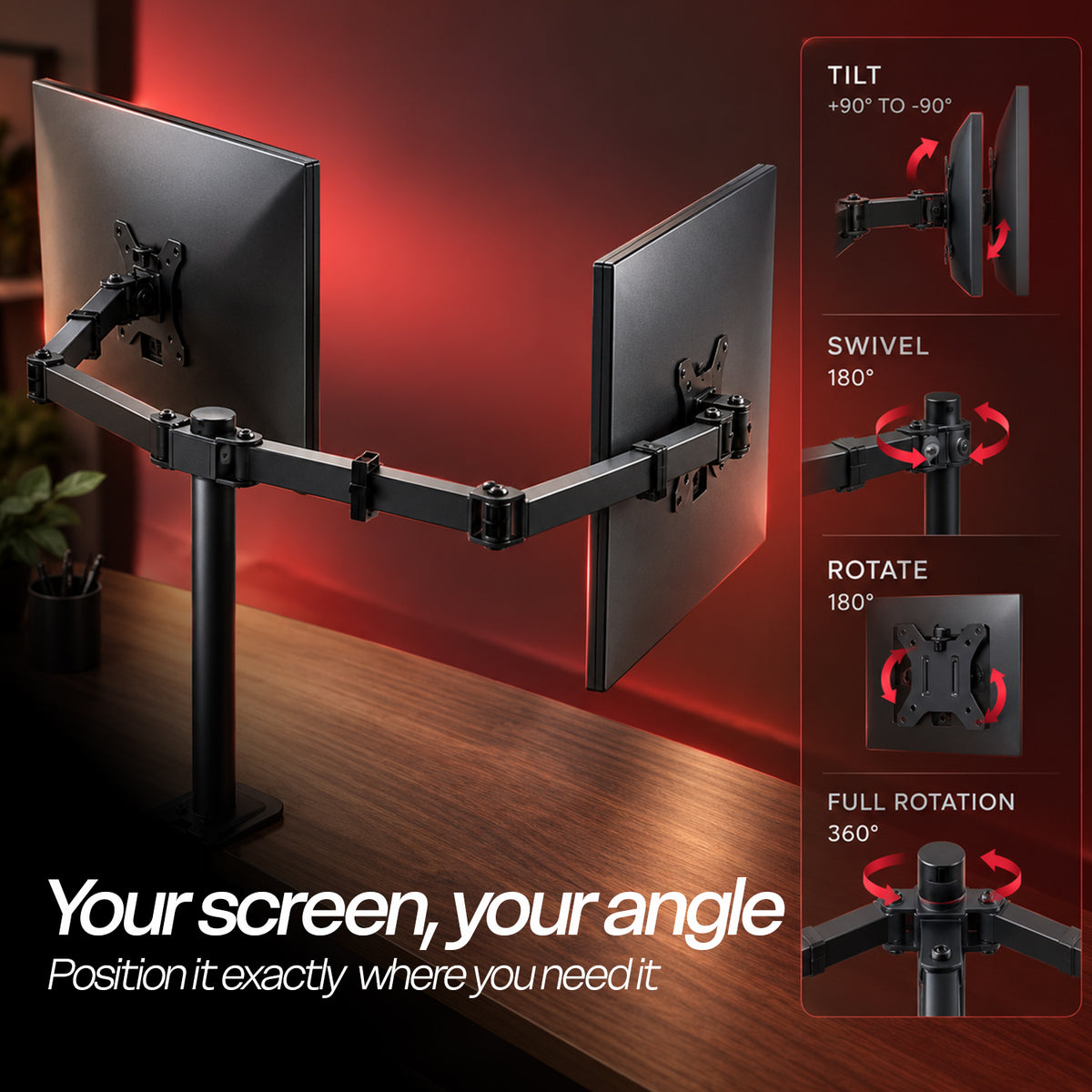 MS24 Dual Monitor Arm, 13–32in, Up to 10kg/22lbs, VESA 75x75/100x100, Desk Mount