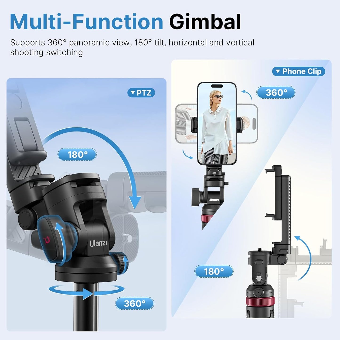 ULANZI MT-78 72.83" Extendable Phone Tripod, Metal Selfie Stick Stand with 360° Head