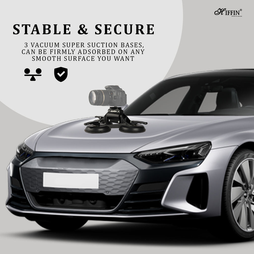 HIFFIN Universal Triple Camera Suction Cup Mount Holder with 1/4" and 3/8" Screws and Compatibility with Cameras, DSLRs, Camcorders, Ball Heads & More