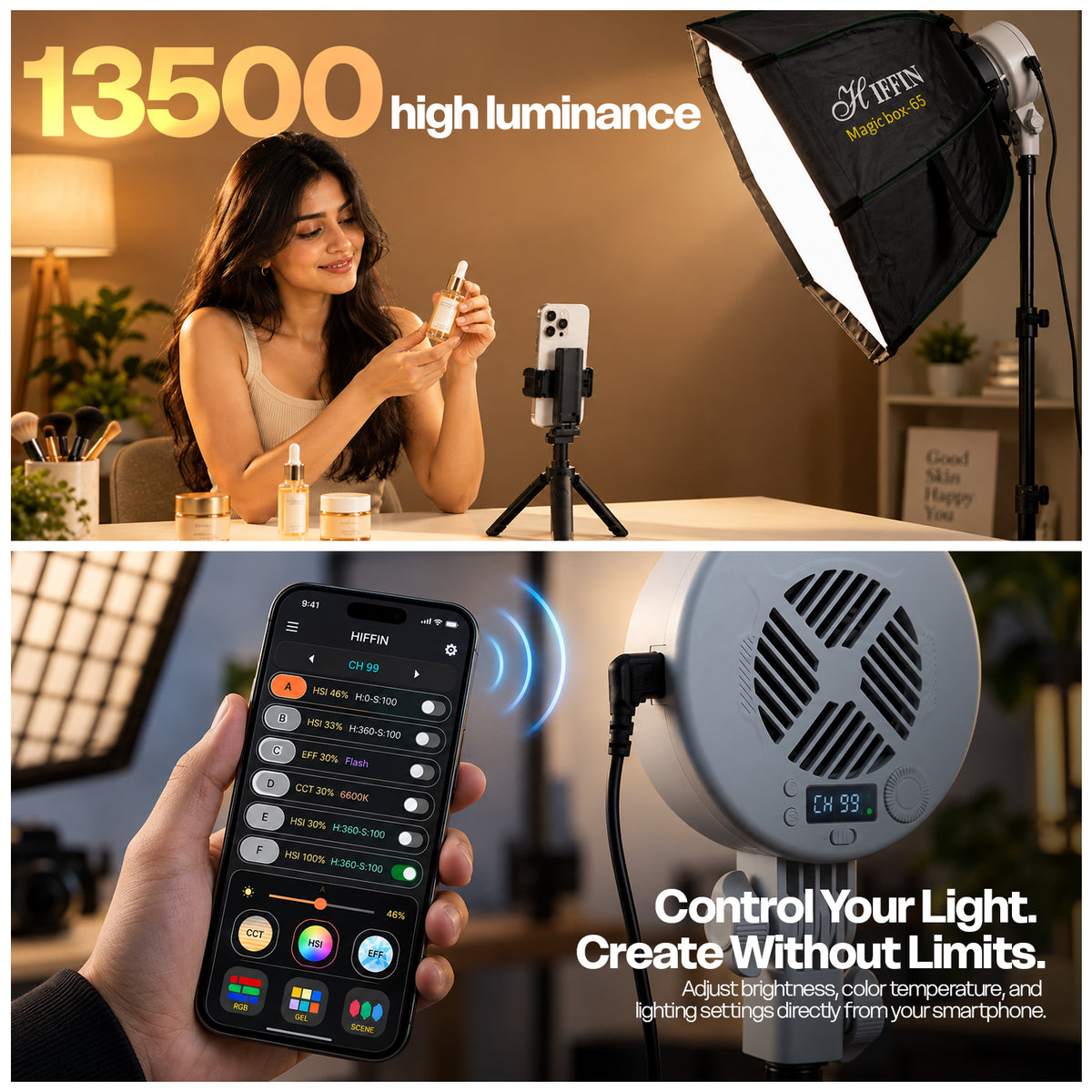 I Light 150W LED Studio Light, 2700K-6500K CCT, CRI 95+, App Control
