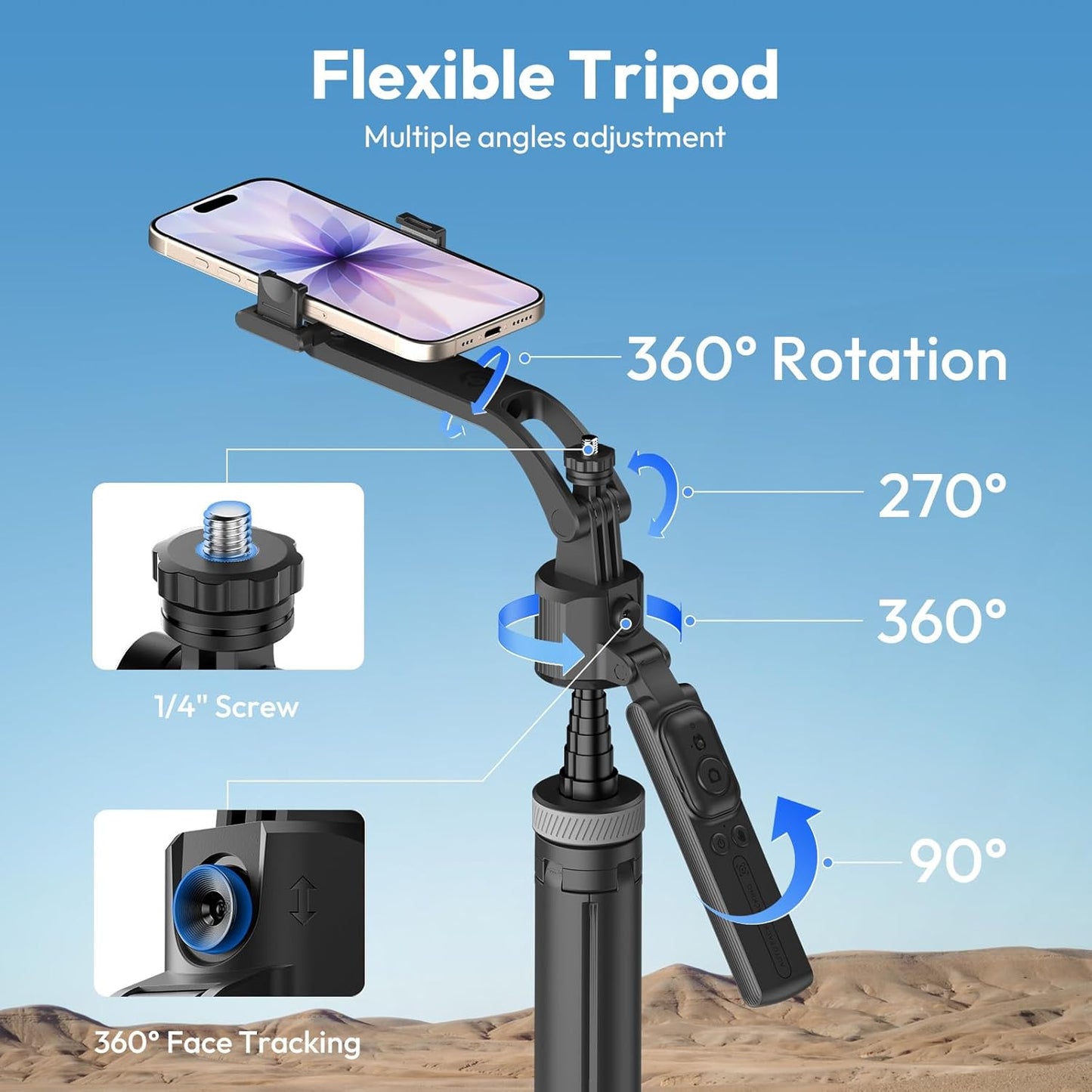 ULANZI TT23 64" Auto Face Tracking Tripod, 360° Selfie Stick w/ Remote for iPhone/Android