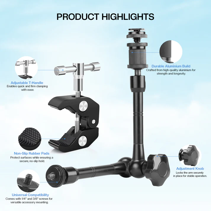 HIFFIN 11inch Adjustable Articulating Friction Magic Arm & Large Super Clamp for Camera Rig, LCD Monitor, LED Flash Lights (11 inch Magic arm+clamp set of 1)