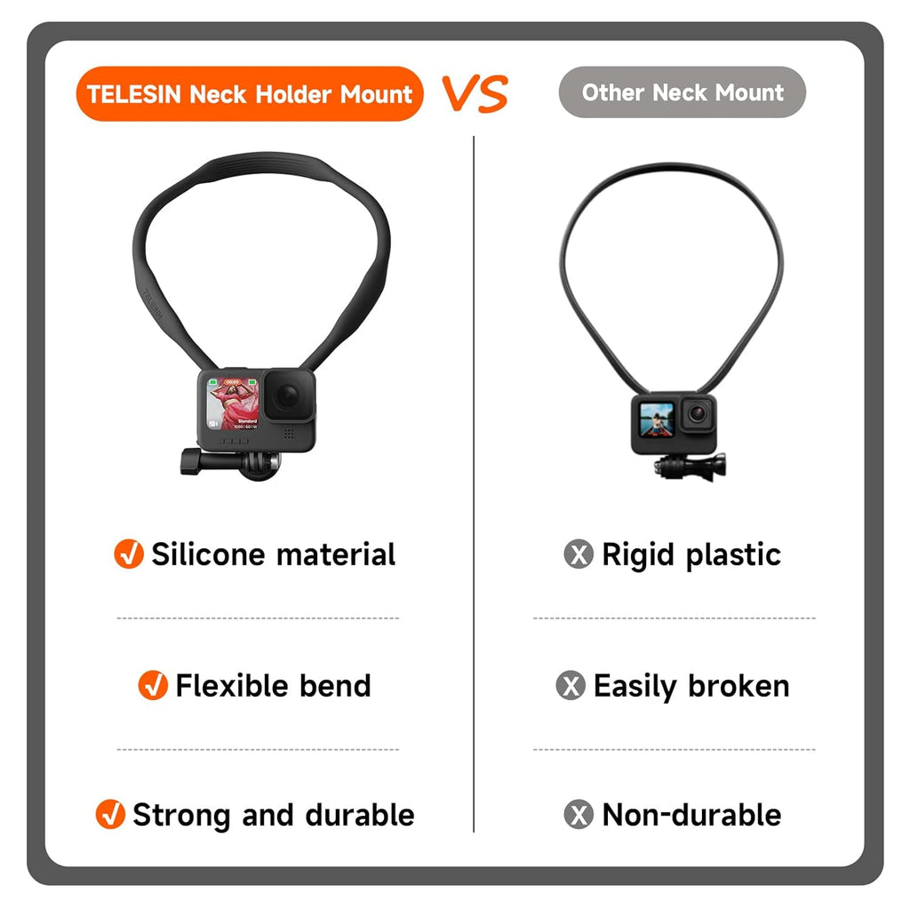 TELESIN SE Neck Mount for GoPro Insta360, Hand Free POV Selfie Holder Video Vlog Necklace Lanyard Strap Attach for Go Pro Max 11 Mini Hero 11 10 9 8 7 6 5 Insta 360 X2 X3 DJI Action 2 3 Accessories