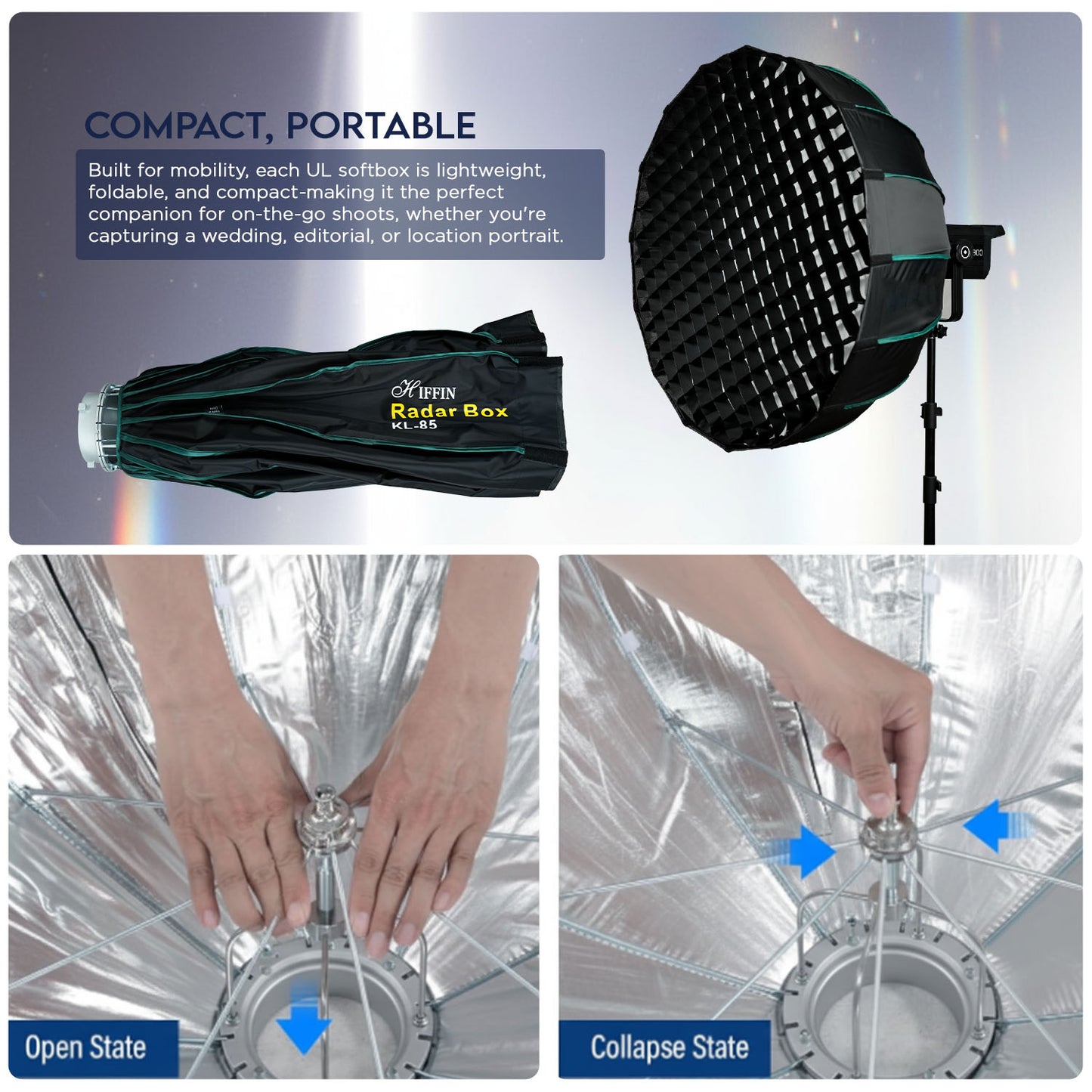 KL-85 (85cm) Octagonal Softbox, Bowens Mount with Grid, 2x Diffusers, Beauty Dish.