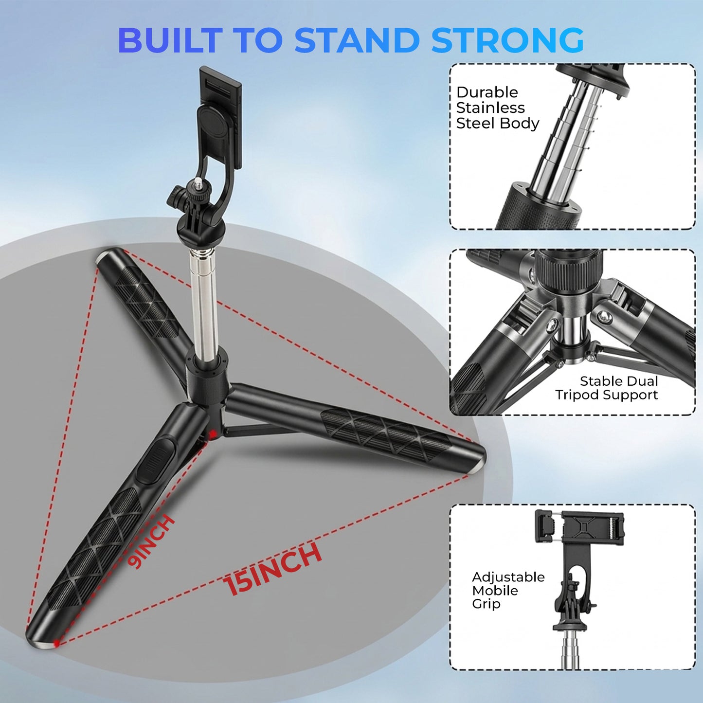 HF-16K 4-in-1 Selfie Stick Tripod w/ LED, 3 Modes, Remote