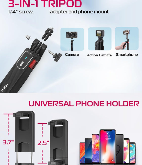 ULANZI MA09 Extendable Phone Tripod, 71" Selfie Stick Phone Vlog Tripod Stand Quadrapod with All in 1 Phone Clip, Travel Tripod Phone Holder with Rechargeable Remote for iPhone Sony Canon GoPro