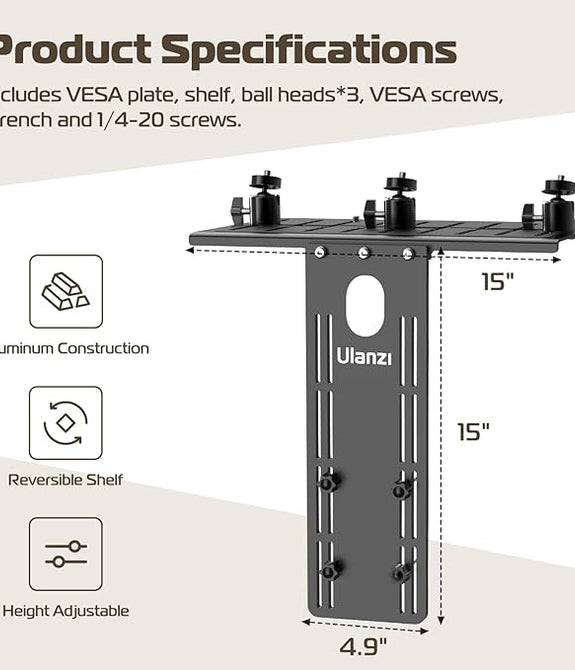 ULANZI LS16 DSLR Monitor Top Shelf for VESA Arm, Camera Mount Clamp for Light, Webcam, Mic, Replace Clamp Tripods for Camera Desk Mount, for Live Stream, Video Conferencing, YouTube, TikTok