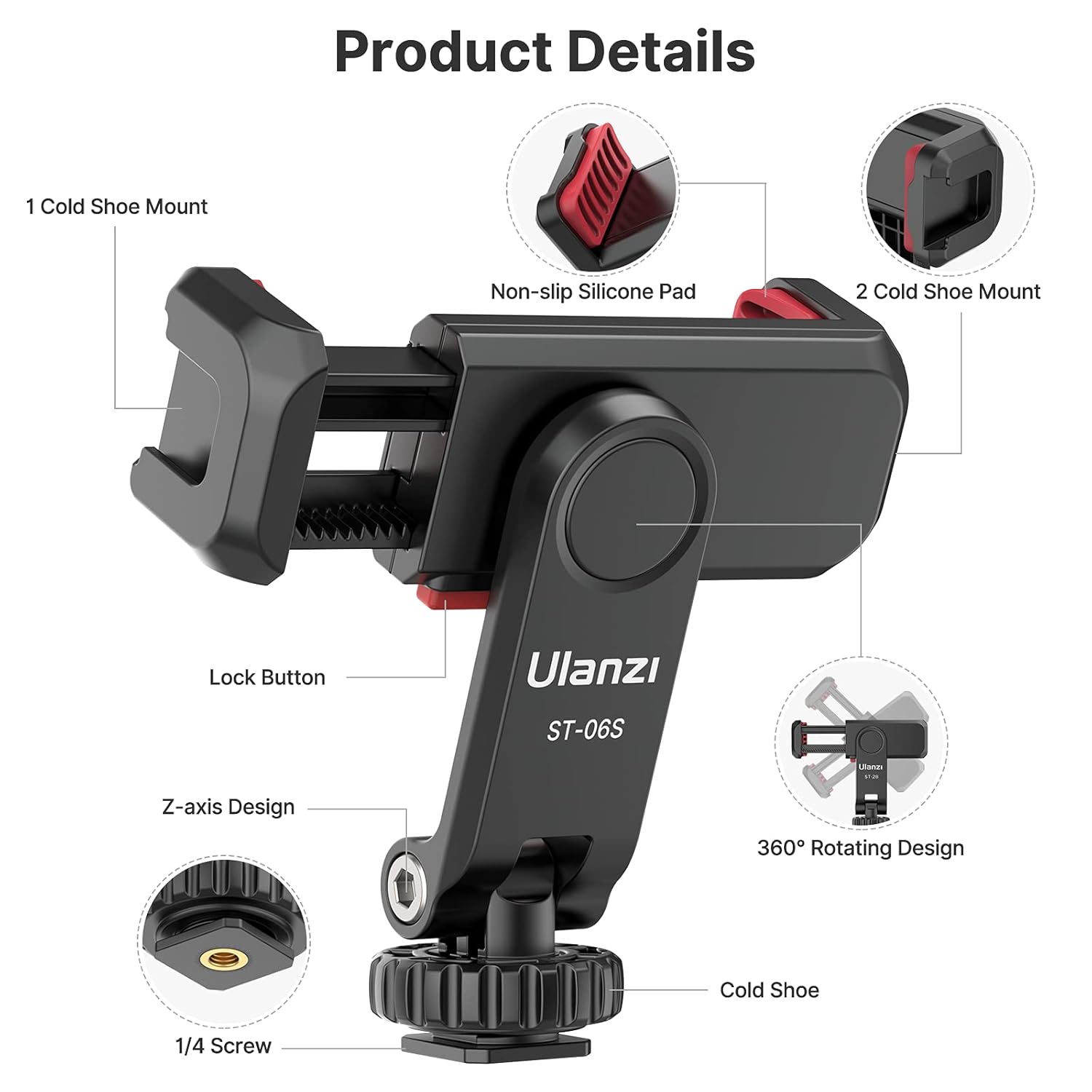 Ulanzi ST-06S Phone Mount with Cold Shoes, 360° Rotation – HIFFIN