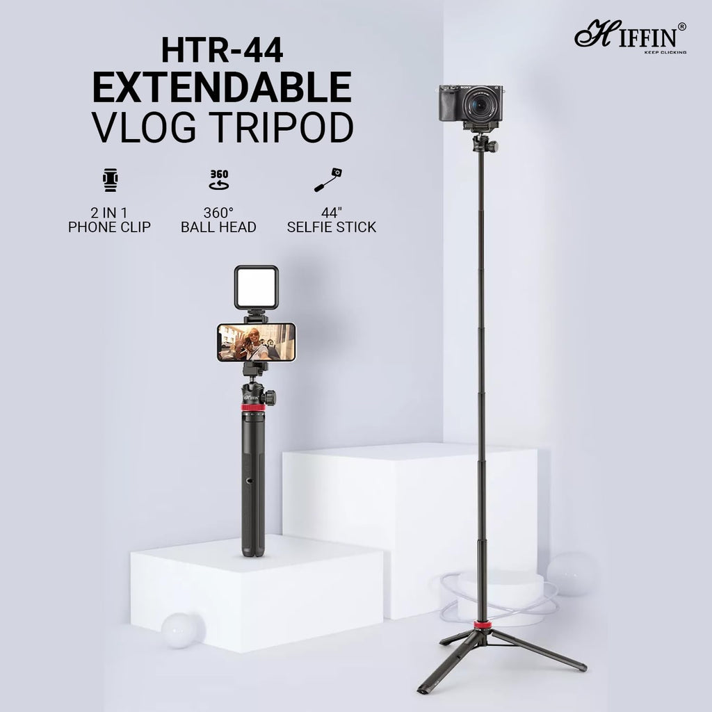 HIFFIN HTR-44 Extendable Phone Tripod with Bluetooth Button, 44" Selfie Stick Tripod Stand with 2 in 1 Phone Clip, 360° Ball Head Camera Tripod for Smartphones and Cameras, Lightweight for Travel