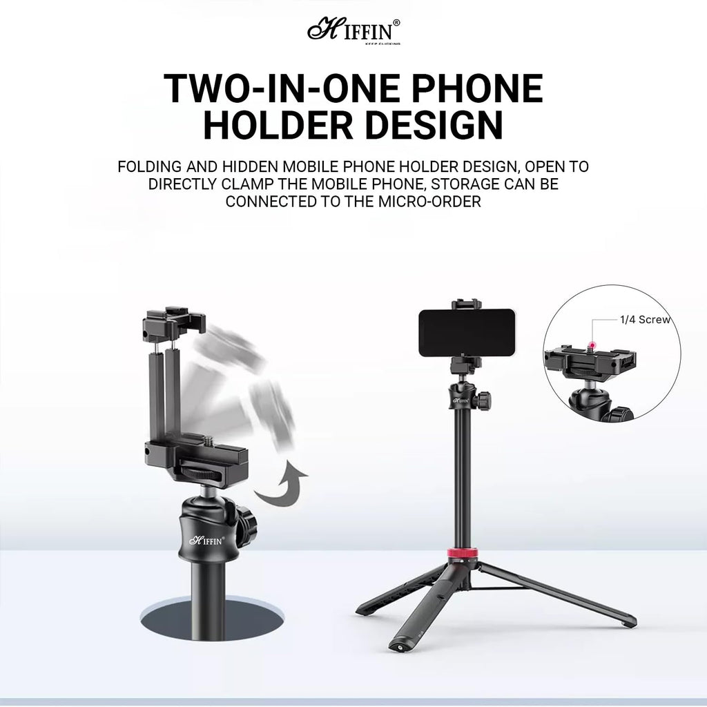 HIFFIN HTR-44 Extendable Phone Tripod with Bluetooth Button, 44" Selfie Stick Tripod Stand with 2 in 1 Phone Clip, 360° Ball Head Camera Tripod for Smartphones and Cameras, Lightweight for Travel
