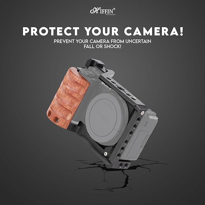 HIFFIN Upgrade Metal Cage with Wood Handle for Sony Alpha ZV-E10 Video Shooting Accessories, Cold Shoe Mic/Light Extension Video Cage Vlogging Camera Kit